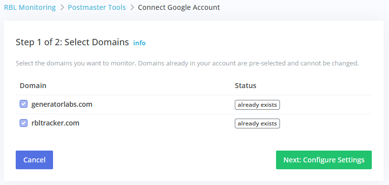 Setup wizard Step 1 – domain selection