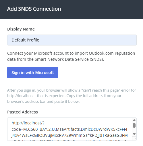 Paste step in the Add SNDS Connection sidebar